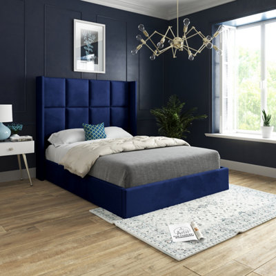  - Quanta Straight Winged Upholstered Soft Velvet Bed FrameBlue