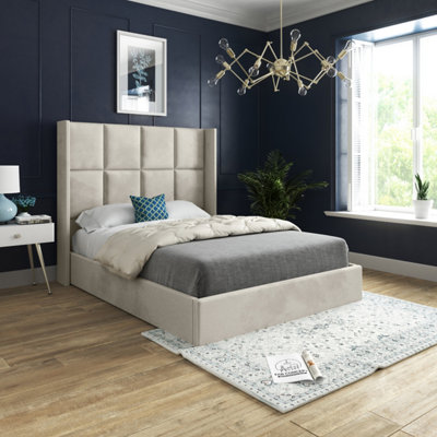 - Quanta Straight Winged Upholstered Soft Velvet Bed FrameCream