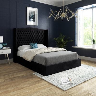 Rana Curved Top Winged Upholstered Soft Velvet Bed FrameBlack from B&Q