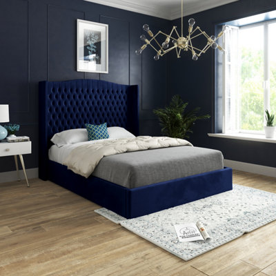  - Rana Curved Top Winged Upholstered Soft Velvet Bed FrameBlue