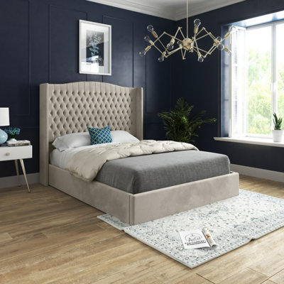  - Rana Curved Top Winged Upholstered Soft Velvet Bed FrameCream