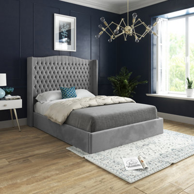 B&Q Rana Curved Top Winged Upholstered Soft Velvet Bed Frame - Grey