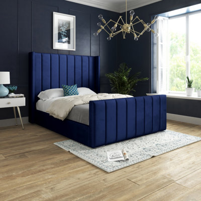 B&Q Romano Straight Winged Upholstered Soft Velvet Bed Frame - Blue