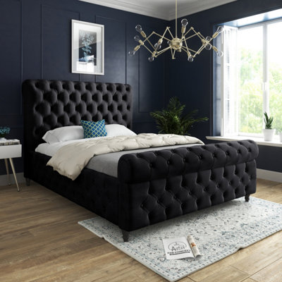 Savana Sleigh Upholstered Soft Velvet Bed FrameBlack from B&Q