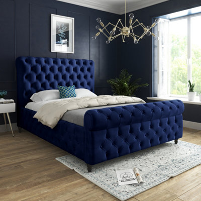 Savana Sleigh Upholstered Soft Velvet Bed FrameBlue from B&Q