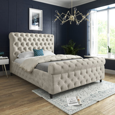 Savana Sleigh Upholstered Soft Velvet Bed FrameCream from B&Q