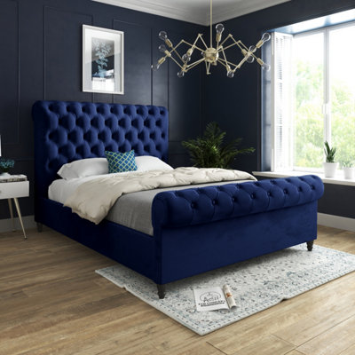 B&Q Sienna Sleigh Upholstered Soft Velvet Bed Frame - Blue