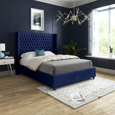 B&Q Blue Volta Straight Winged Upholstered Soft Velvet Bed Frame