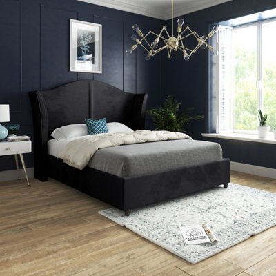  - Zampa Curved Top Curved Winged Upholstered Soft Velvet Bed FrameBlack