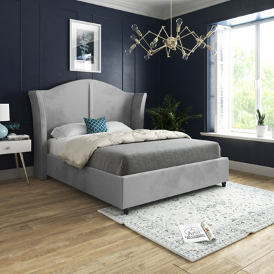  - Zampa Curved Top Curved Winged Upholstered Soft Velvet Bed FrameGrey