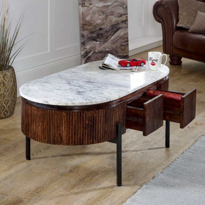 Opal Mango Wood Rectangular Fluted Coffee Table With Marble Top & Metal Legs from B&Q