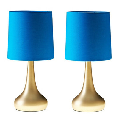 B&Q -  Teardrop Pair Of Gold Touch Table Lamps With Blue Shade And Bulbs
