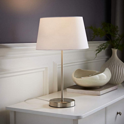 Valuelights Charles Brushed Chrome Table Lamp With White Tapered Shade from B&Q