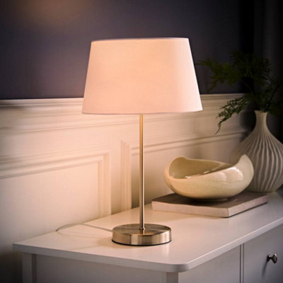 Valuelights Charles Brushed Chrome Table Lamp With White Tapered Shade And Bulb from B&Q