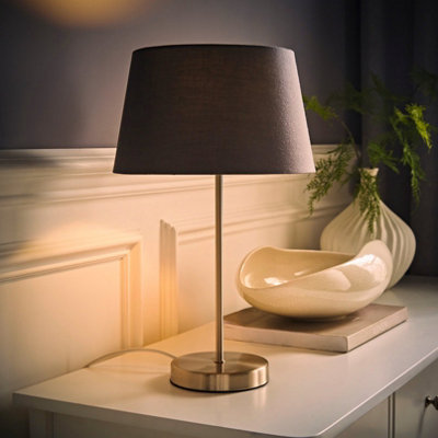 Valuelights Charles Brushed Chrome Table Lamp With Grey Tapered Shade And Bulb from B&Q