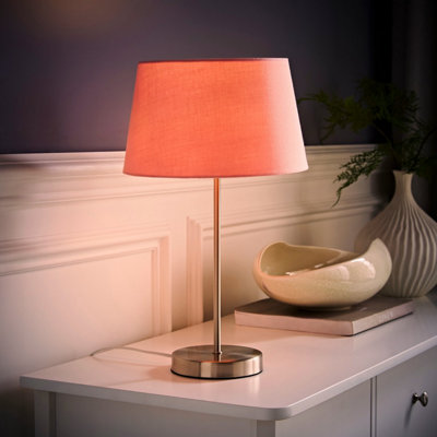 Valuelights Charles Brushed Chrome Table Lamp With Pink Tapered Shade And Bulb from B&Q