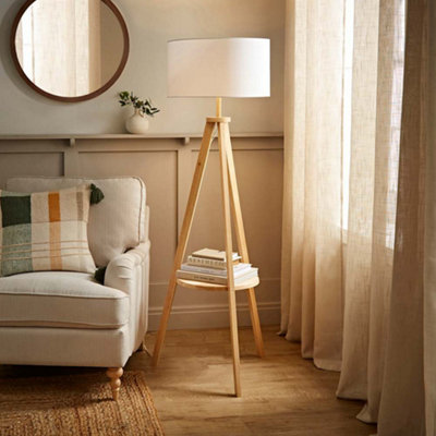 B&Q -  Morrigan Natural Wood Shelf Tripod Floor Lamp With White Drum Shade
