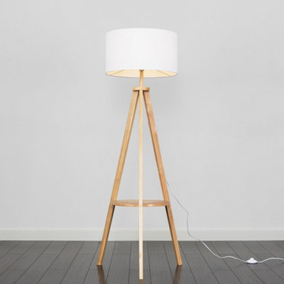 B&Q -  Morrigan Natural Wood Shelf Tripod Floor Lamp With White Drum Shade And Bulb