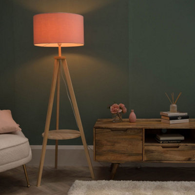 B&Q -  Morrigan Natural Wood Shelf Tripod Floor Lamp With Blush Drum Shade And Bulb