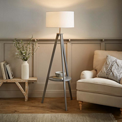 B&Q -  Morrigan Grey Wood Shelf Tripod Floor Lamp With White Drum Shade