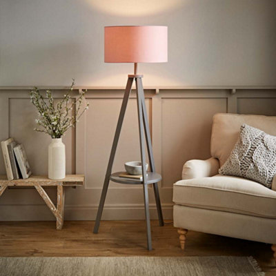 Valuelights Morrigan Wood Shelf Tripod Floor Lamp With Blush Drum Shade Grey