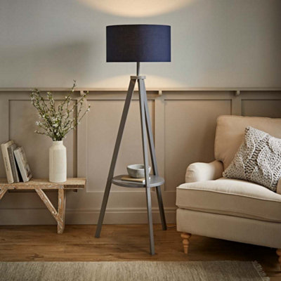 Valuelights Morrigan Wood Shelf Tripod Floor Lamp With Navy Drum Shade Grey