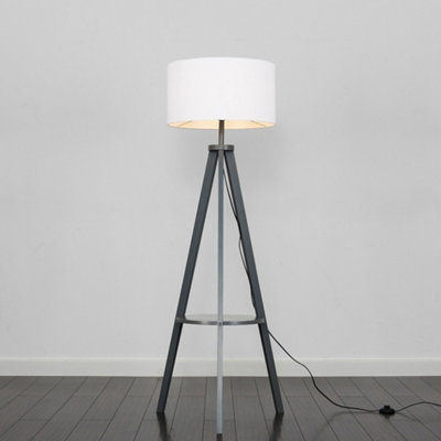 Valuelights Grey/White Morrigan Wood Shelf Tripod Floor Lamp With Drum Shade And Bulb 1.8M B&Q
