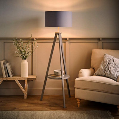 Valuelights Morrigan Wood Shelf Tripod Floor Lamp With Metallic Inner Shade And Bulb Grey