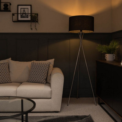 Valuelights Black Camden Chrome Tripod Floor Lamp With Drum Shade And Bulb