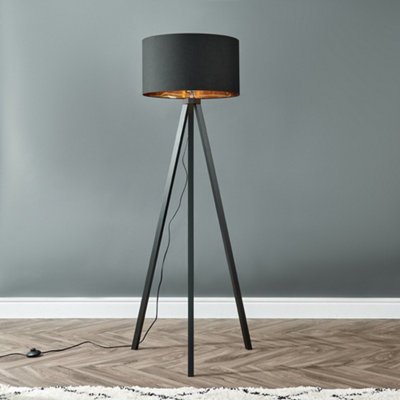 B&Q -  Barbro Black Tripod Floor Lamp With Metallic Inner Shade And Bulb