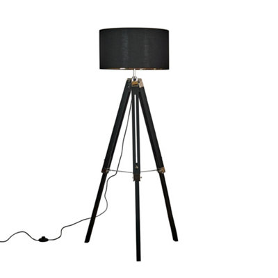 Valuelights Clipper Wood And Chrome Tripod Floor Lamp With Gold Drum Shade Black/Silver