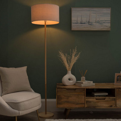 Valuelights Heather Modern Scandi Floor Lamp In Light Wooden Finish With Grey Drum Shade - Includes 6W Led Gls Bulb 3000K Light/Grey