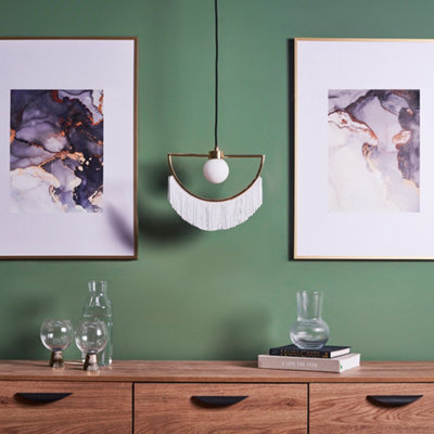 Valuelights Jupiter Brass Semicircle & White Tassel Fringe Ceiling Pendant Light With Frosted Globe Shade With Led Bulb from B&Q