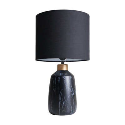 B&Q -  Selma Modern Copper Caped Black Marble Effect Table Lamp With Black Drum Shade