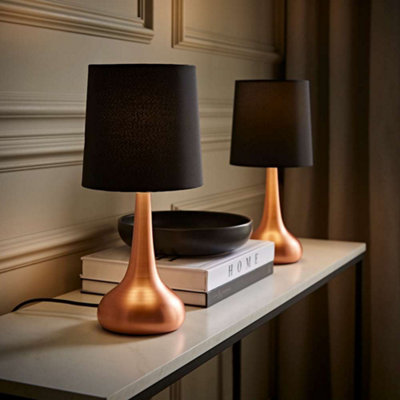 Valuelights Teardrop Pair Of Copper Touch Table Lamps With Shade And Bulbs Black