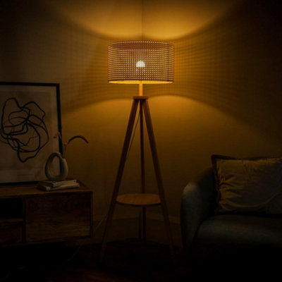 B&Q -  Morrigan Natural Wood Shelf Tripod Floor Lamp With Wicker Shade And Bulb