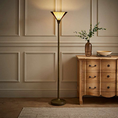 Valuelights Tiffany Stained Glass Antique Brass Uplighter Floor Lamp And Bulb Ivory/Golden