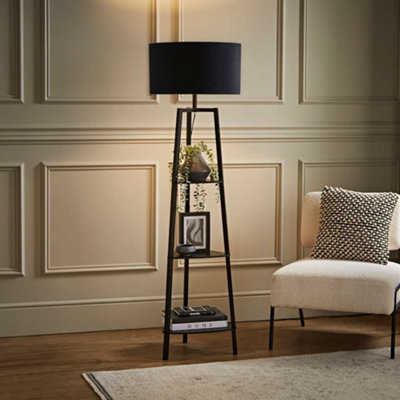 Valuelights Hiru 3 Tier Shelf Floor Lamp With Drum Shade Black