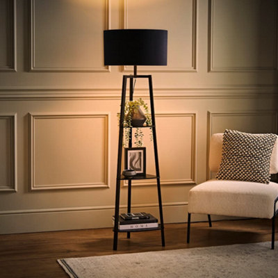 Valuelights Black Hiru Tier Shelf Floor Lamp With Drum Shade And Bulb Size 3