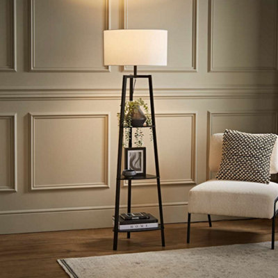 Valuelights Hiru 3 Tier Shelf Floor Lamp With Drum Shade Black/White