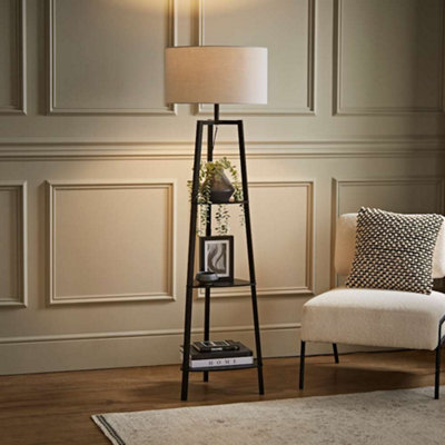 Valuelights Hiru 3 Tier Shelf Floor Lamp With Drum Shade Black/Grey