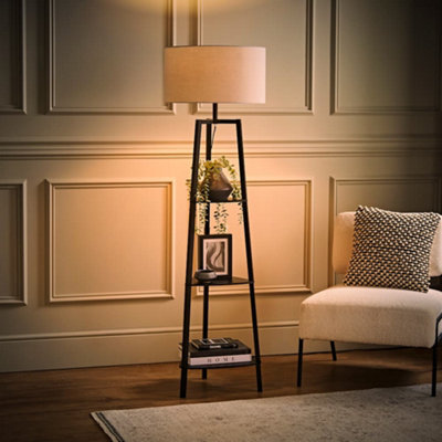B&Q -  Hiru Black 3 Tier Shelf Floor Lamp With Grey Drum Shade And Bulb