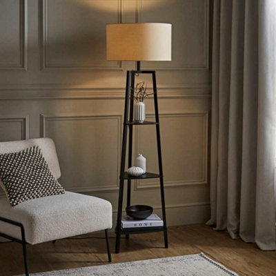 Valuelights Hiru 3 Tier Shelf Floor Lamp With Natural Drum Shade Black
