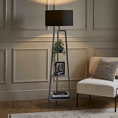 B&Q -  Hiru Grey 3 Tier Shelf Floor Lamp With Black Drum Shade