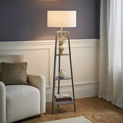 B&Q -  Hiru Grey 3 Tier Shelf Floor Lamp With White Drum Shade And Bulb