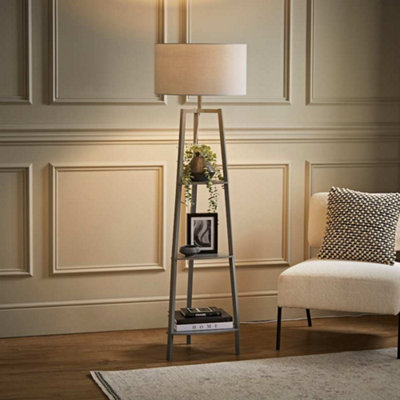 Valuelights Hiru 3 Tier Shelf Floor Lamp With Drum Shade Grey