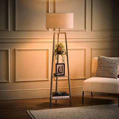 Valuelights Grey Hiru Tier Shelf Floor Lamp With Drum Shade And Bulb Size 3