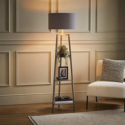 B&Q -  Hiru Grey 3 Tier Shelf Floor Lamp With Metallic Copper Inner Shade