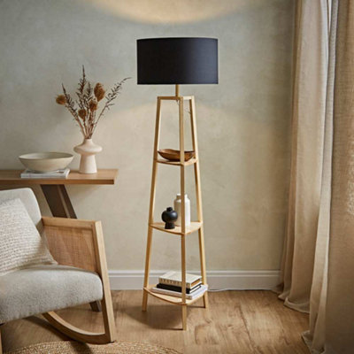 Valuelights Hiru Natural 3 Tier Shelf Floor Lamp With Drum Shade Black