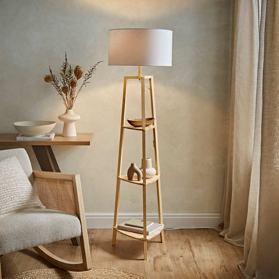 B&Q -  Hiru Natural 3 Tier Shelf Floor Lamp With White Drum Shade And Bulb